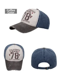 Detailed views of a distressed tri-color vintage baseball cap with California 78 print