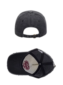 Detail view of washed cotton baseball cap with vintage metal buckle and star embroidery