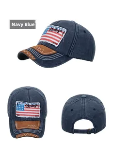 Detailed views of navy blue washed cotton baseball cap with vintage American flag patch