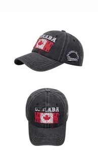 Detailed embroidery of Canada maple leaf on vintage charcoal grey washed cotton baseball cap