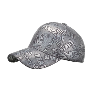 Dark grey laser letter print baseball cap with reflective metallic finish for autumn