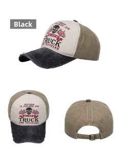 Detail of vintage washed truck driver baseball cap with distressed brim and metal buckle