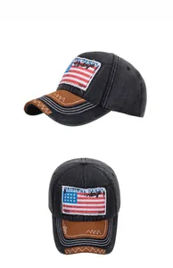 Detail of vintage baseball cap with American flag patch and rustic stitching texture