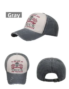 Detailed views of washed grey and beige baseball cap with vintage truck and skull print