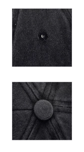 Macro detail of black washed cotton baseball cap showing top button and stitched eyelets