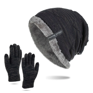 Winter thermal set including dark grey knit beanie with plush lining and matching gloves
