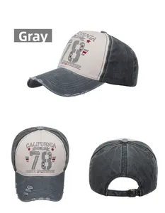 Three-way view of vintage washed baseball cap with California print and distressed brim