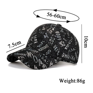 Black baseball cap with silver graffiti laser lettering and curved brim for autumn
