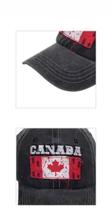 Close-up of vintage washed charcoal cotton baseball cap with Canada maple leaf embroidery
