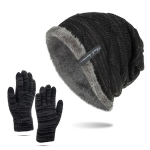 Winter thermal knit beanie hat and gloves set with thick fleece lining for men in dark grey