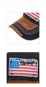 Detail showing the American flag patch embroidery and the vintage distressed denim texture