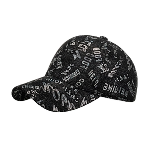 Black glitter baseball cap featuring reflective silver laser letter patterns on front