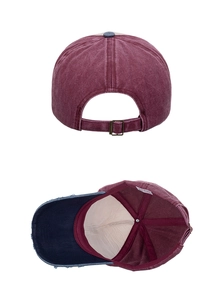 Detail of vintage washed denim cap with metal adjustable buckle and contrast brim