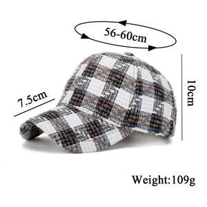 Plaid woolen baseball cap for women with size chart showing dimensions and weight