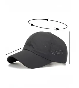 Detail of dark grey quick-dry baseball cap featuring laser-cut ventilation holes