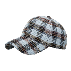Classic plaid tweed baseball cap in blue and beige checkered pattern with curved brim