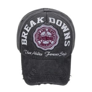 Vintage washed charcoal cotton baseball cap with distressed brim and embroidered letters