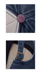 Close-up of corduroy baseball cap texture with navy fabric and bronze metal buckle