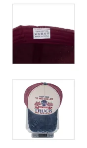 Detail view of cotton baseball cap showing internal wash label and product weight measurement