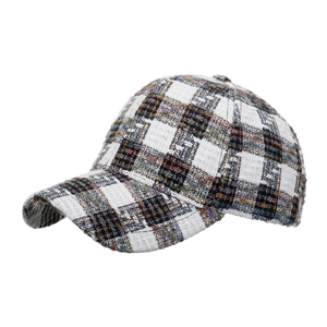 Classic tweed plaid baseball cap in black and white weave for autumn and winter