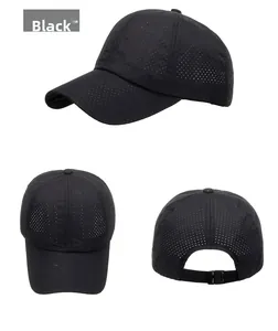 Detailed views of black quick-dry baseball cap featuring breathable micro-holes and adjustable buckle