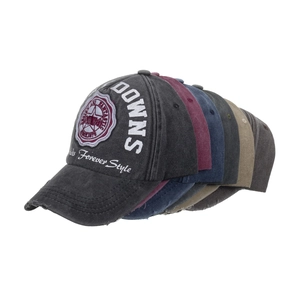 Vintage washed cotton baseball caps with DOWNS letter embroidery in six classic colors