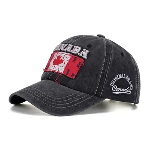Washed Cotton Canada Flag Embroidered Baseball Cap Distressed Retro Style Adjustable Outdoor Sun Hat For Men Women