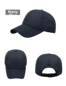 Detailed view of navy blue quick-dry baseball cap with breathable mesh and adjustable strap