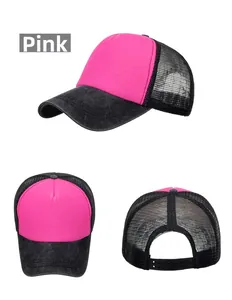 Three-view display of a mesh trucker hat with pink front and black distressed brim
