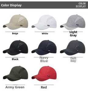 Detail of multi-color quick-dry baseball caps with mesh panels and brand woven label