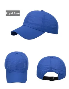 Three-way view of royal blue quick-dry mesh baseball cap with adjustable back strap