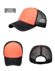 Detailed views of light orange and black mesh trucker hat with adjustable snapback