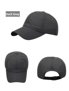 Detailed views of dark grey quick-dry mesh baseball cap with adjustable buckle strap