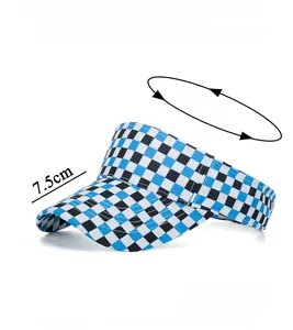 Detail of blue and black checkerboard sun visor hat showing 7.5cm brim and open top design