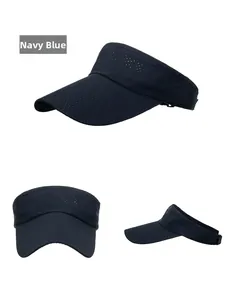 Detail view of navy blue mesh sun visor with wide brim and adjustable strap for sports