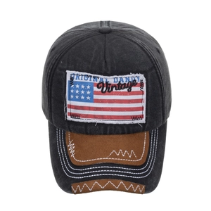 Vintage washed cotton baseball cap with American flag patch and brown suede brim