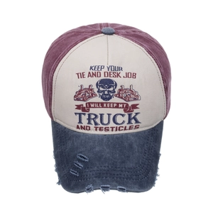 Distressed wash colorblock baseball cap with truck graphic and vintage slogan print