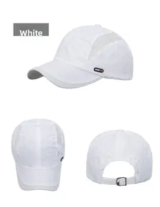 Detail view of white quick-dry baseball cap featuring breathable mesh and adjustable strap
