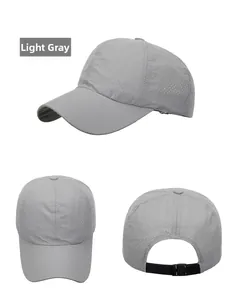 Three-way view of light grey quick-dry mesh baseball cap showing breathable texture