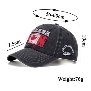 Vintage washed cotton baseball cap with red Canada maple leaf embroidery and dimensions