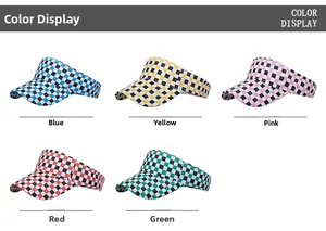 Collection of sun visors in blue, yellow, pink, red, and green checkered patterns