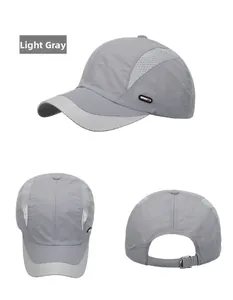Three-view layout of light gray quick-dry outdoor baseball cap with breathable mesh details