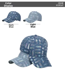Détail des casquettes de baseball en jean avec imprimé dégradé coloré QUEEN