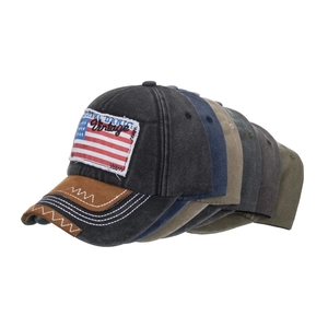 Vintage washed cotton baseball caps with American flag patches in six assorted colors