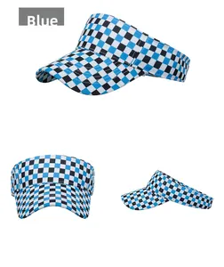 Detailed views of the blue checkered sun visor with adjustable strap and wide brim