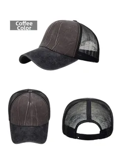 Detail view of the brown trucker hat showing breathable mesh and adjustable snapback closure