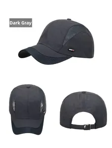 Detail view of dark gray sports baseball cap with breathable side mesh and metal buckle