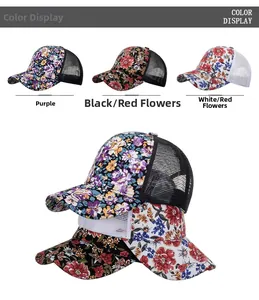 Detailed color display of floral mesh trucker hats in purple, black, and white floral patterns