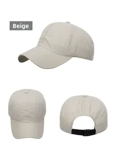 Detailed views of beige quick-dry baseball cap featuring breathable laser-cut side perforations