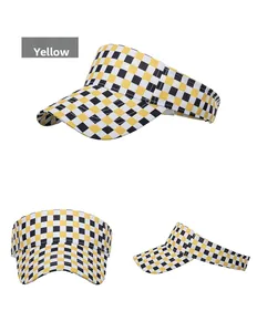 Three-angle views of yellow checkerboard pattern outdoor sun visor for women
